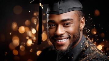 A black man in a graduation cap and gown smiling photo
