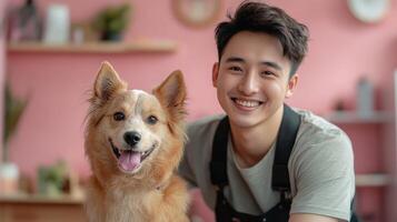A man smiles while holding a dog photo