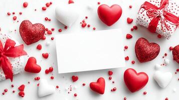 Valentine's day card with hearts and gift boxes on white background photo