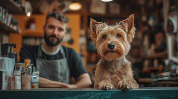 A man with a beard and a dog sitting at a bar photo