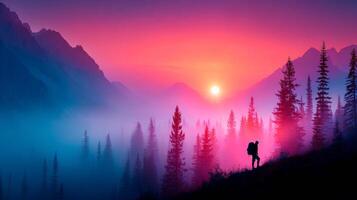 A person standing on a mountain with the sun setting behind them photo