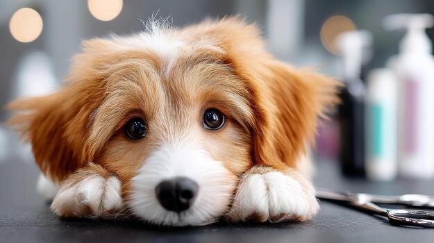 A dog laying on a table with scissors and a comb photo
