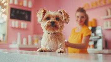 A woman is standing in front of a dog photo