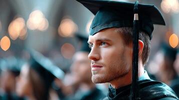 A man in a graduation cap and gown is looking off to the side photo