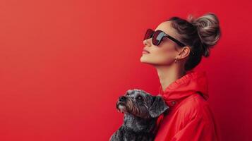 Woman in red jacket and sunglasses holding dog photo