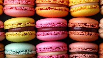 Many different colored macarons are arranged in a row photo