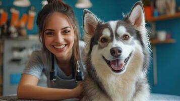 A groomer is smiling while holding a dog photo