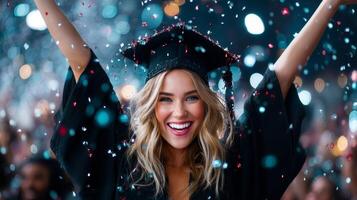 A woman in a graduation cap and gown is celebrating photo