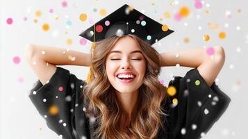 A woman in a graduation cap and gown is smiling photo