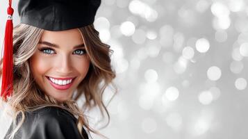 A beautiful woman in a graduation cap and gown photo