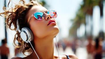 A woman wearing sunglasses and headphones listening to music photo