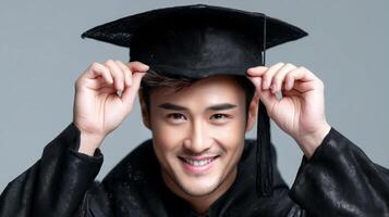 A man in a graduation cap and gown is smiling photo