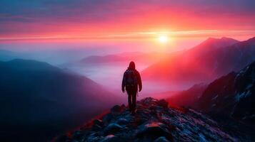 A camper standing on top of a mountain at sunset photo