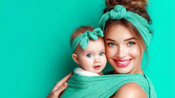 A woman holding a baby wrapped in a green wrap photo