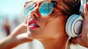 A beautiful woman wearing sunglasses and headphones listening to music photo