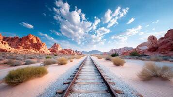 Railroad tracks in the desert with blue sky and clouds photo