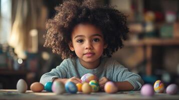 A young child with an afro is sitting in front of easter eggs photo
