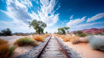 A train track in the desert with trees and sand photo
