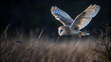 An owl flying over a field of tall grass photo