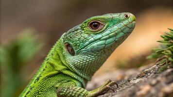 lose-Up of a Green Lizard Reptile Showcasing Intricate Scale Patterns and Vibrant Coloration in Natural Habitat photo
