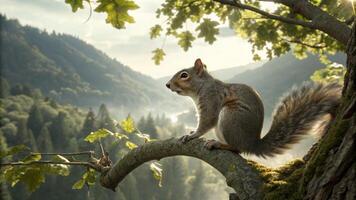 A squirrel is sitting on a tree branch in the forest photo