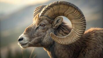 A ram with large horns standing in the grass photo