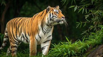 A tiger walking through the grass in the forest photo