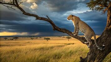 a leopard on a tree branch leopard on tree branch, savanna landscape, thunderstorm clouds, detailed realistic lighting, intricate details, high resolution, 8K photo
