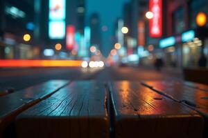 A textured wooden bench observes a vibrant cityscape with bokeh lights in the soft glow of evening. photo