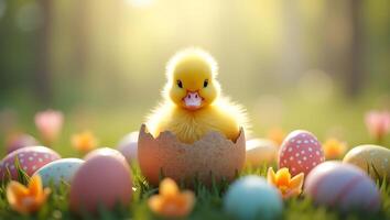 A charming yellow duckling hatching from an egg amidst colorful easter eggs on a sunny spring day outdoors photo