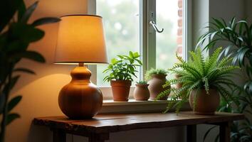 A warm and inviting home interior scene displaying a wooden table lamp and various potted plants near a bright window. photo