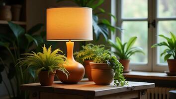 A warm lit lamp sits on a wooden table surrounded by various potted plants creating a cozy living space. photo