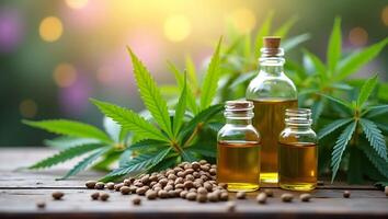 Cannabis oil bottles displayed with leaves and seeds on a wooden table against a soft natural background photo