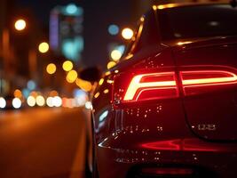 Stylish red car with illuminated tail lights parked in the city at night showcasing a blurred bokeh background photo