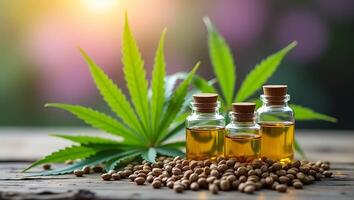 Cbd oil bottles and hemp seeds surrounded by marijuana leaves on a rustic wooden table with natural lighting photo