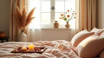 Cozy and inviting bedroom scene with candles flowers fluffy pillows and warm light creating a relaxing atmosphere photo