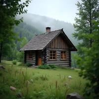 A small log cabin in the middle of a forest photo