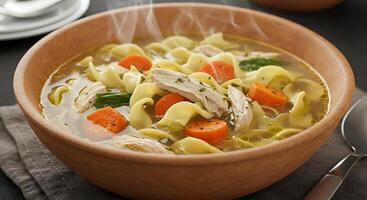 Steaming Chicken Noodle Soup A Rustic Culinary Delight photo