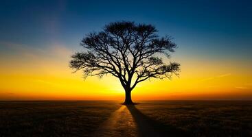 A lone tree stands in the middle of a field at sunset photo