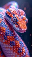 A close up of a colorful snake with blue and orange spots photo