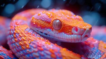 A close up of a colorful snake with rain drops on it photo