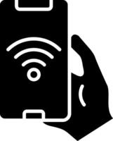 A hand holding a smartphone with a wifi symbol on it vector