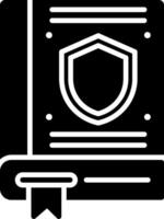 A black and white icon of a book with a shield vector