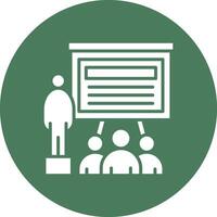 A white circle with a person standing in front of a presentation screen vector