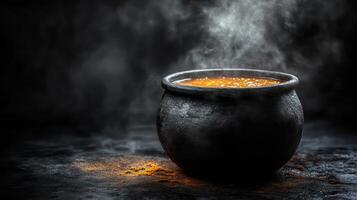 A pot of curry is steaming on a dark background photo