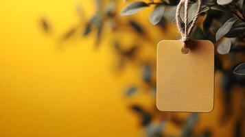 Yellow price tag hanging from a branch on a yellow background photo