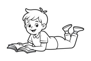 Happy Boy Lying Down Reading a Book Coloring Page Illustrations on white background vector