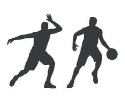 Two Dynamic Silhouettes of Basketball Players in Action One Jumping and One Dribbling vector