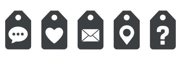 Five Dark Gray Tags with White Icons Chat Message Heart Email Location Pin and Question Mark vector