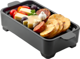 Smooth raclette cheese atop roasted potatoes and fine meats. . png